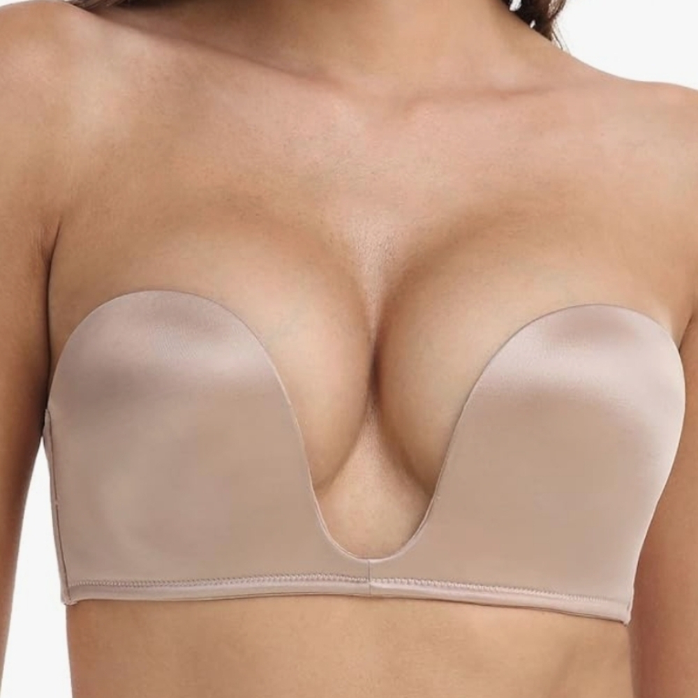 Tan Strapless Adhesive Bra with Plunging U-Shape